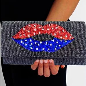 New American Patriotic Black Beaded Clutch with Red and Blue Lip Design